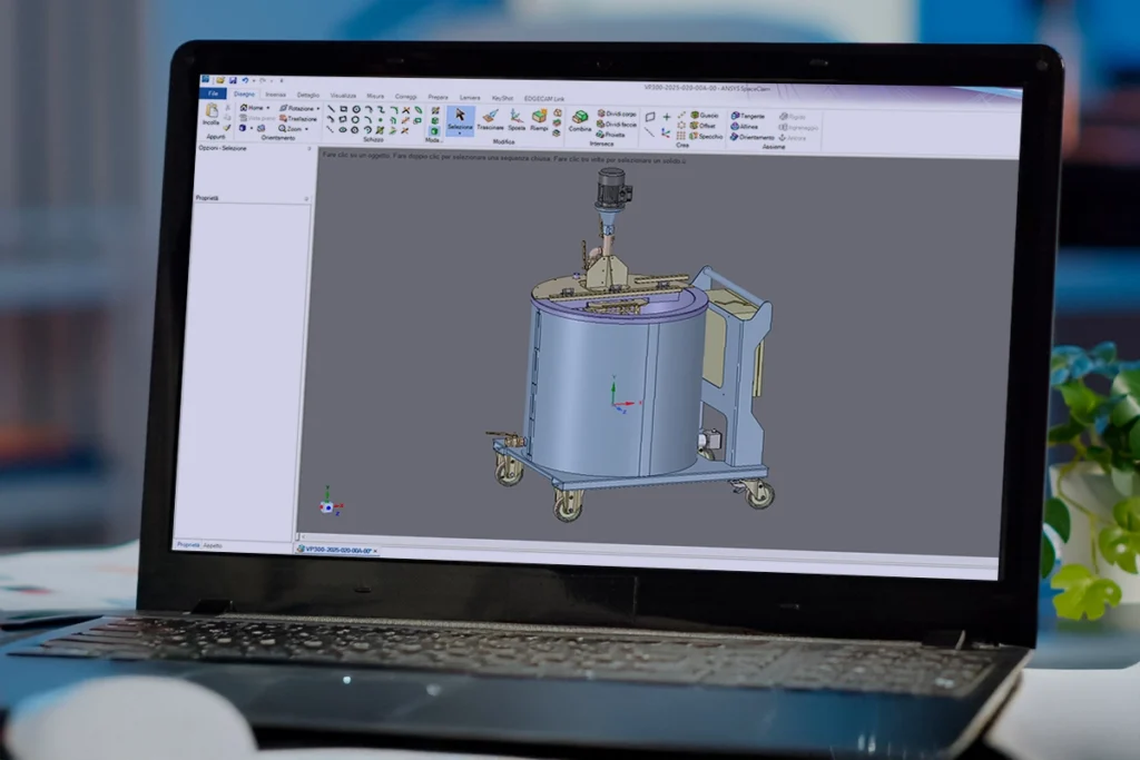 Laptop acceso mostra a schermo il progetto CAD di una struttura metallica complessa.